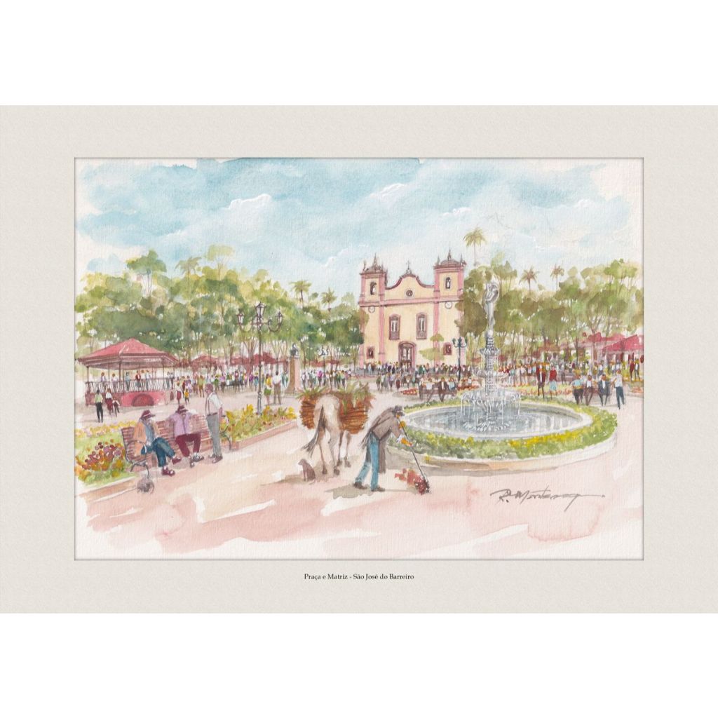 Pintura em Aquarela | Praça e Matriz - São José do Barreiro | Quadro Decorativo | A4