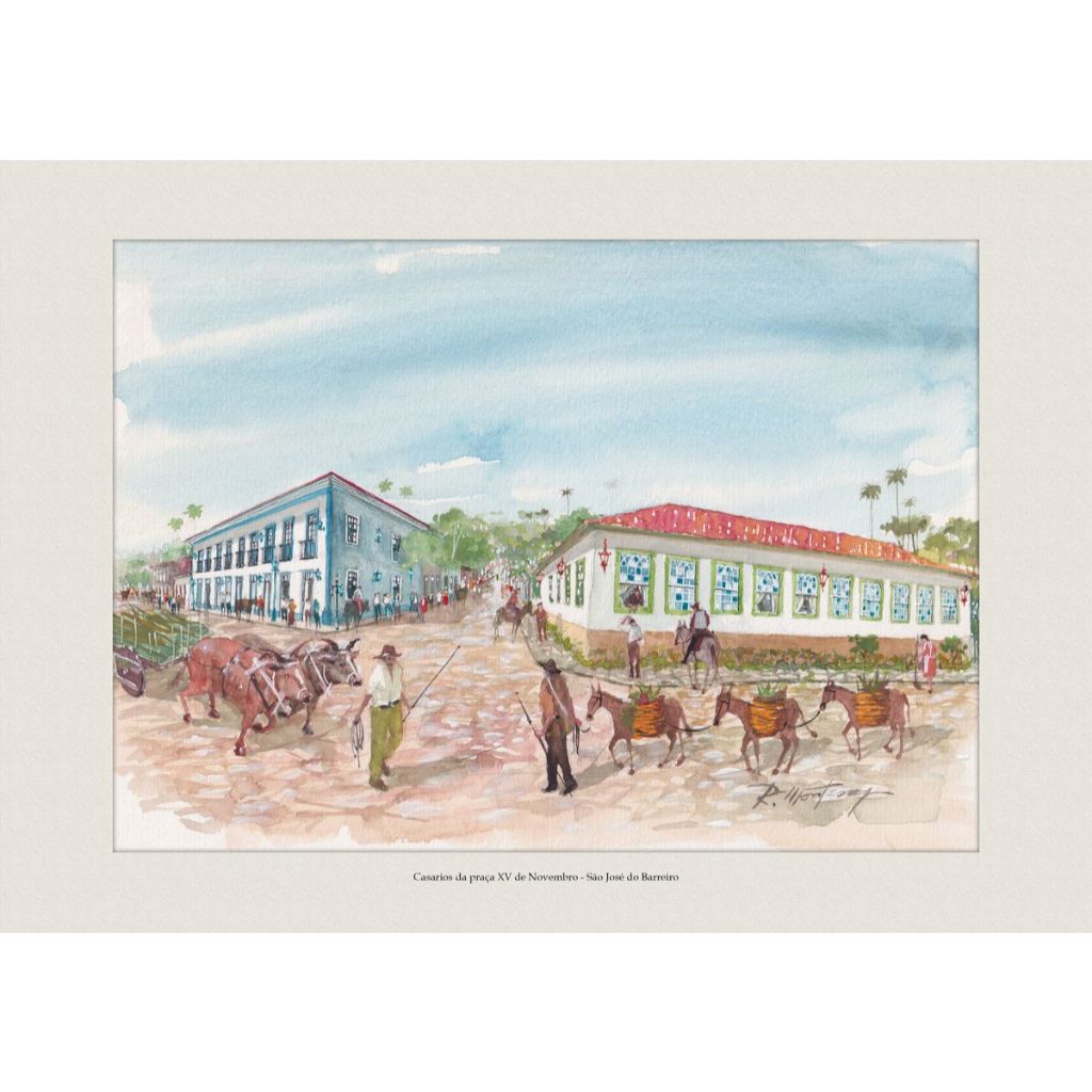 Pintura em Aquarela | Casarios da praça XV de Novembro - São José do Barreiro | Quadro Decorativo A4
