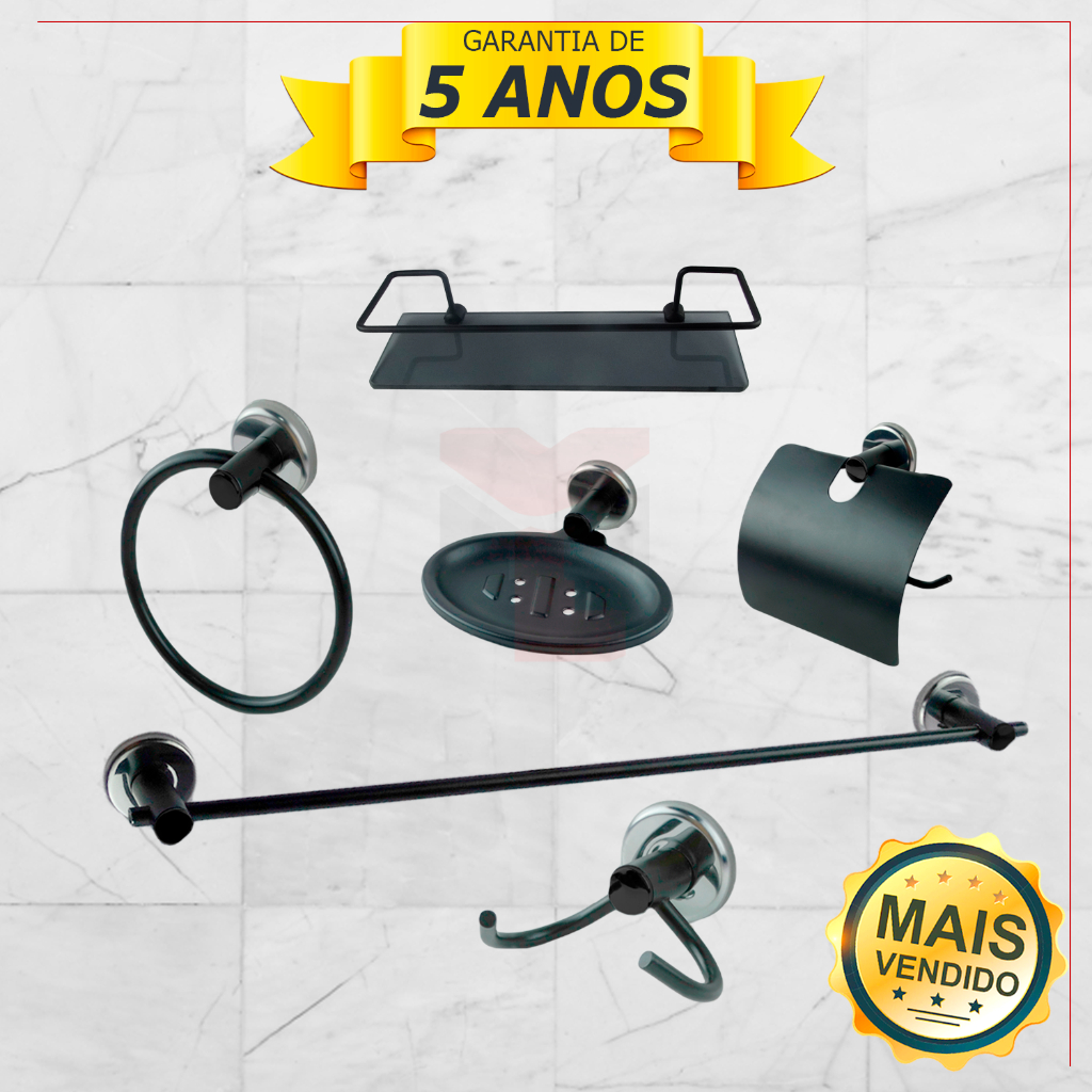 KIT ACESSORIO BANHEIRO LUXO PRETO FUME 6 PEÇAS + PORTA SHAMPOO RETO Cód. 1810