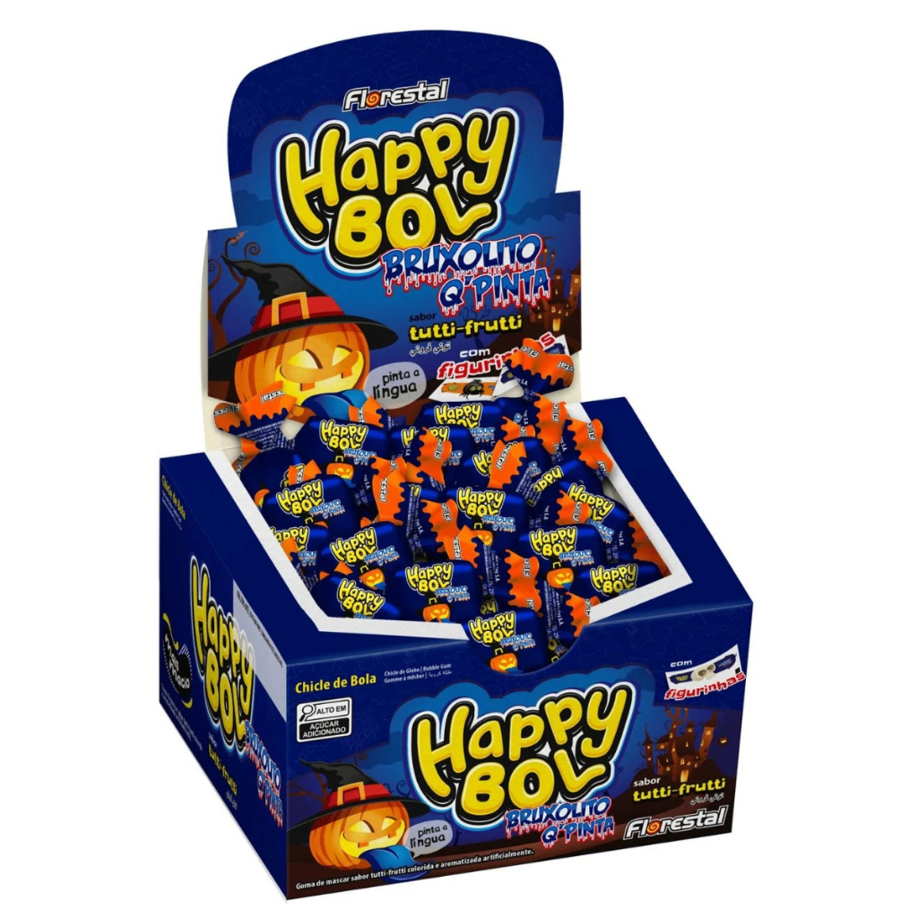 Chiclete Happy Bol Bruxolito Tutti-frutti C/ Figurinhas Pinta a Língua 140g Florestal