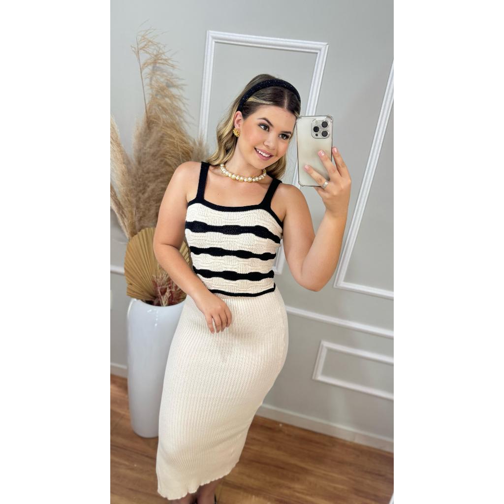 Blusa Cropped Regata Feminina de Tricot Modal Premium Listrado Básico Tendência Moda Verão