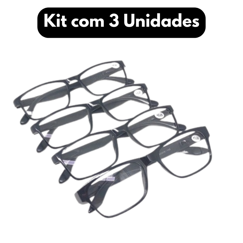 Kit com 3 Óculos de Grau para Leitura / Trabalho / Descanso Unissex - Cor Preto em Oferta na Shopee
