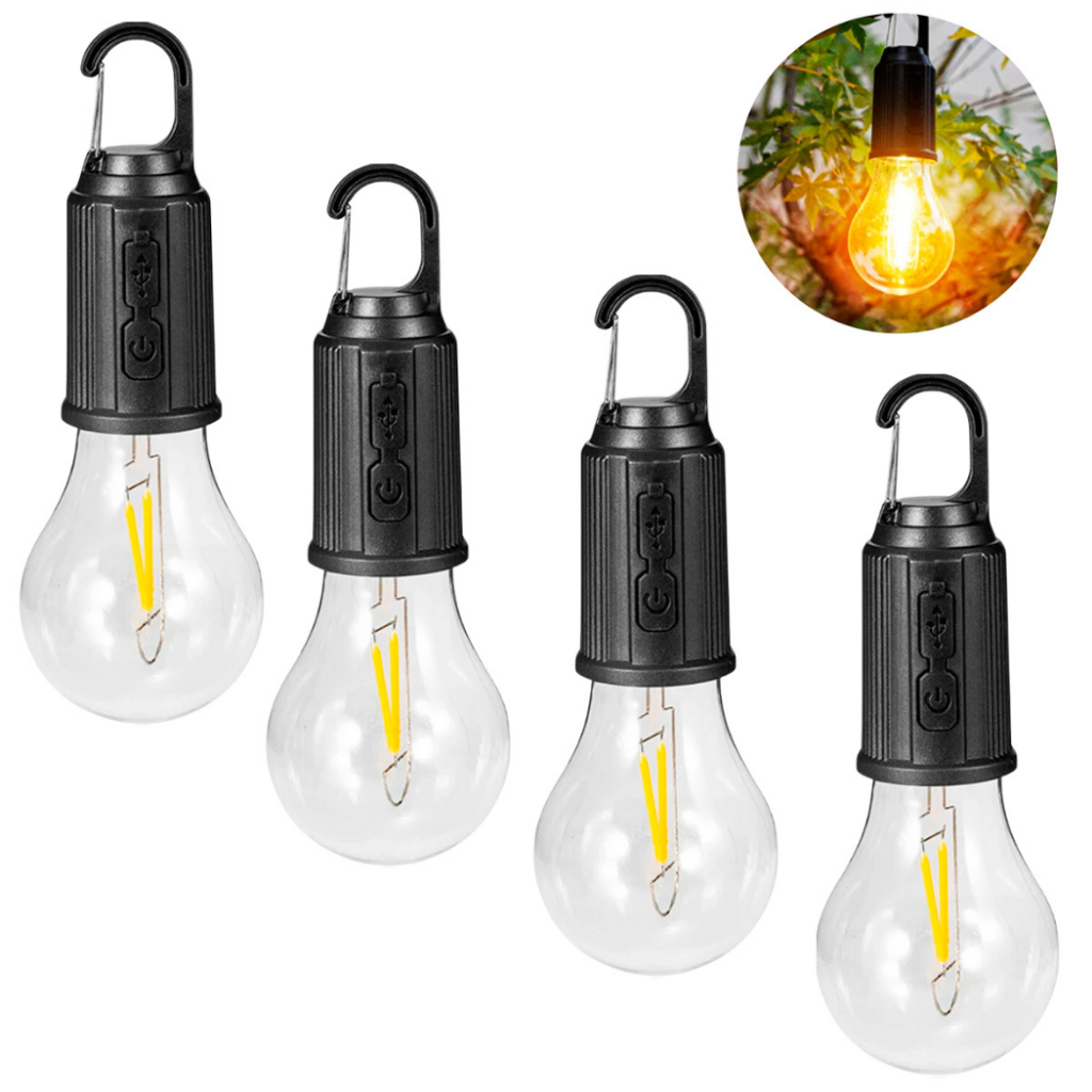 Conjunto 4 Lâmpadas Recarregável Para Barraca De Acampamento E Pesca