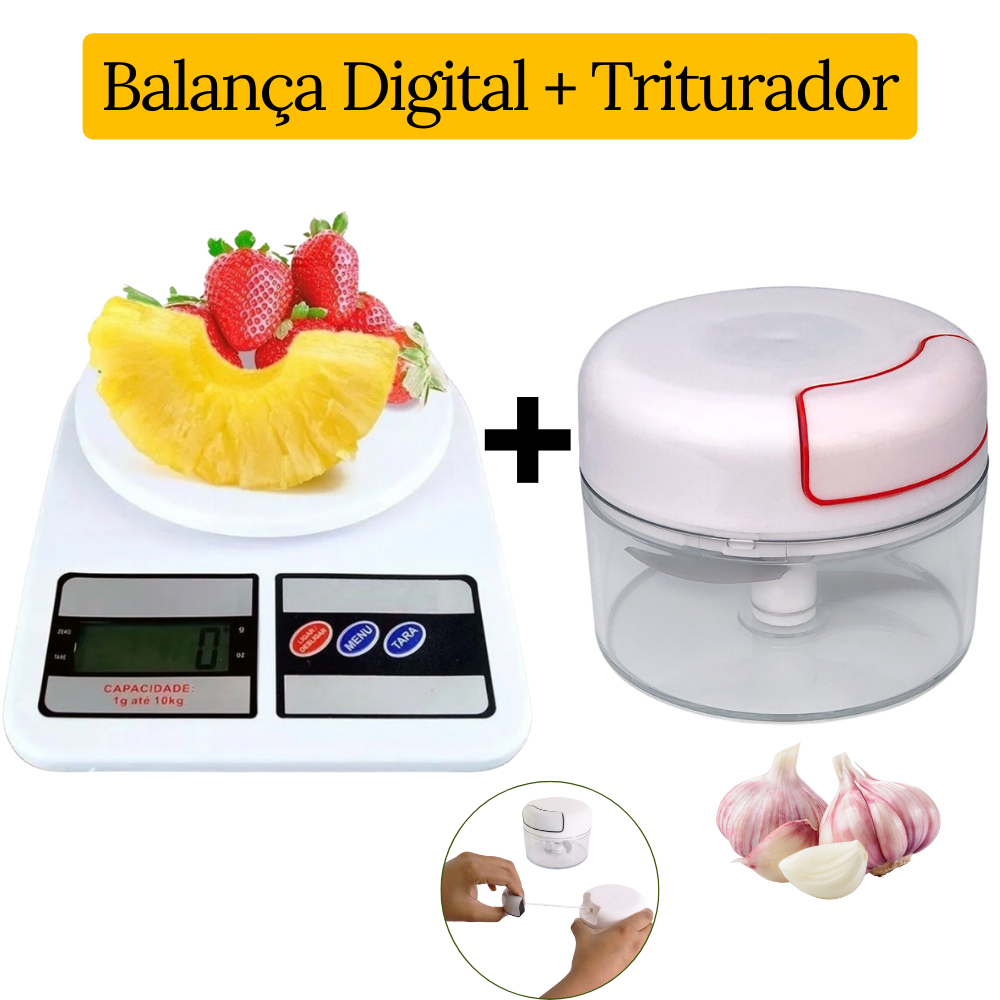 Kit Cozinha Com Balança Digital 10kg + Mini Triturador Manual 2 Lâminas Inox Alho Premium