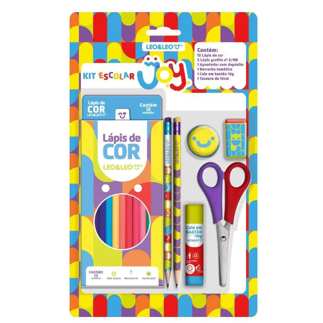Kit Escolar 7 itens Joy Leo&Leo 2 Lápis + 12 Lápis de Cor + Cola + Tesoura + Borracha + Apontador