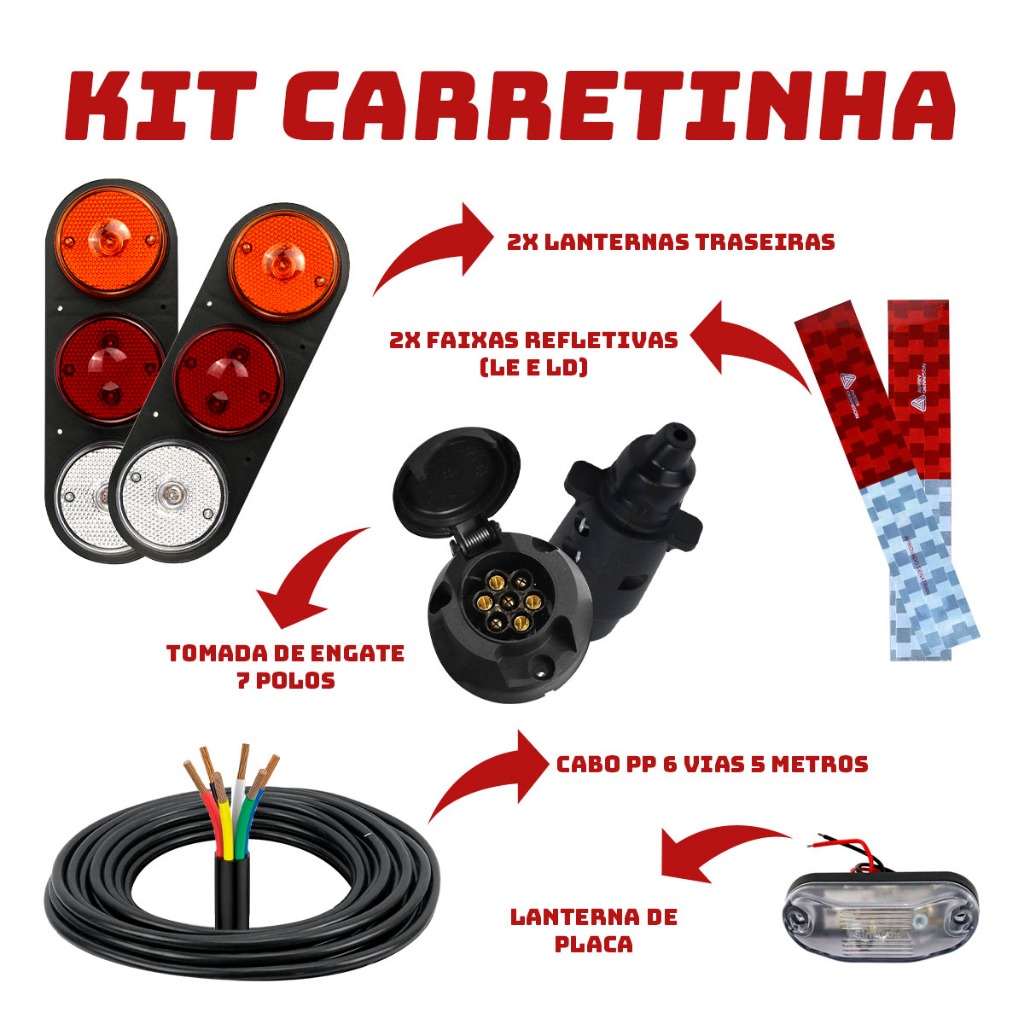 Kit Carretinha de Reboque Lanterna Carreta Instalação Elétrica Led Tomada Engate 5m Cabo PP Faixa