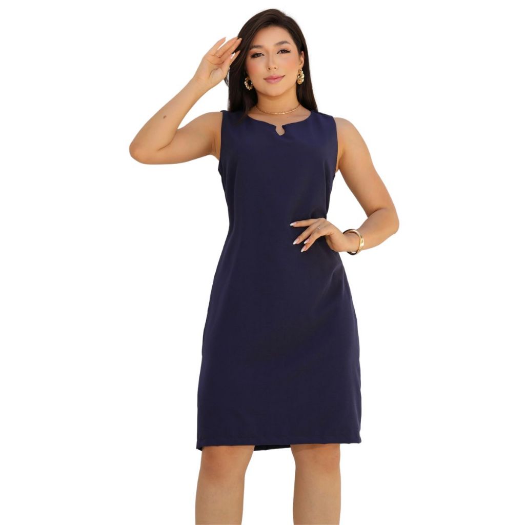 Vestido Feminino Forrado Alfaiataria Manga Cavada Até Joelho Luxo em Oferta na Shopee