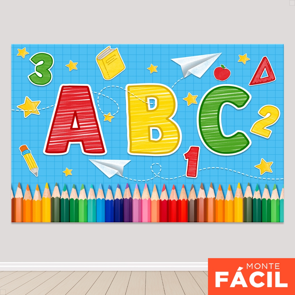 Painel Decoração Formatura Infantil ABC Retangular Horizontal Sublimado Em Tecido em Oferta na Shopee