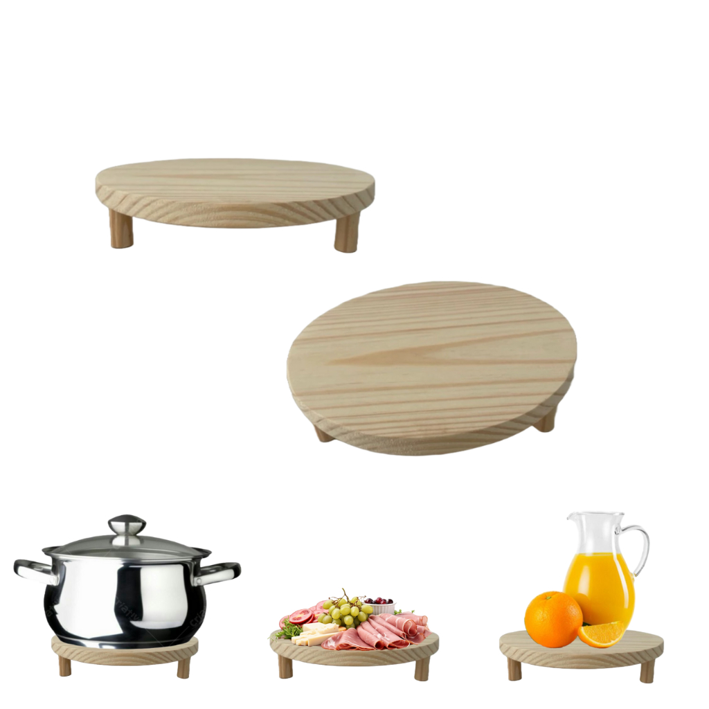 Tábua Redonda Madeira Pinus 20cm com Pé | Para Frios, Queijos, Petiscos, Churrasco e Decoração