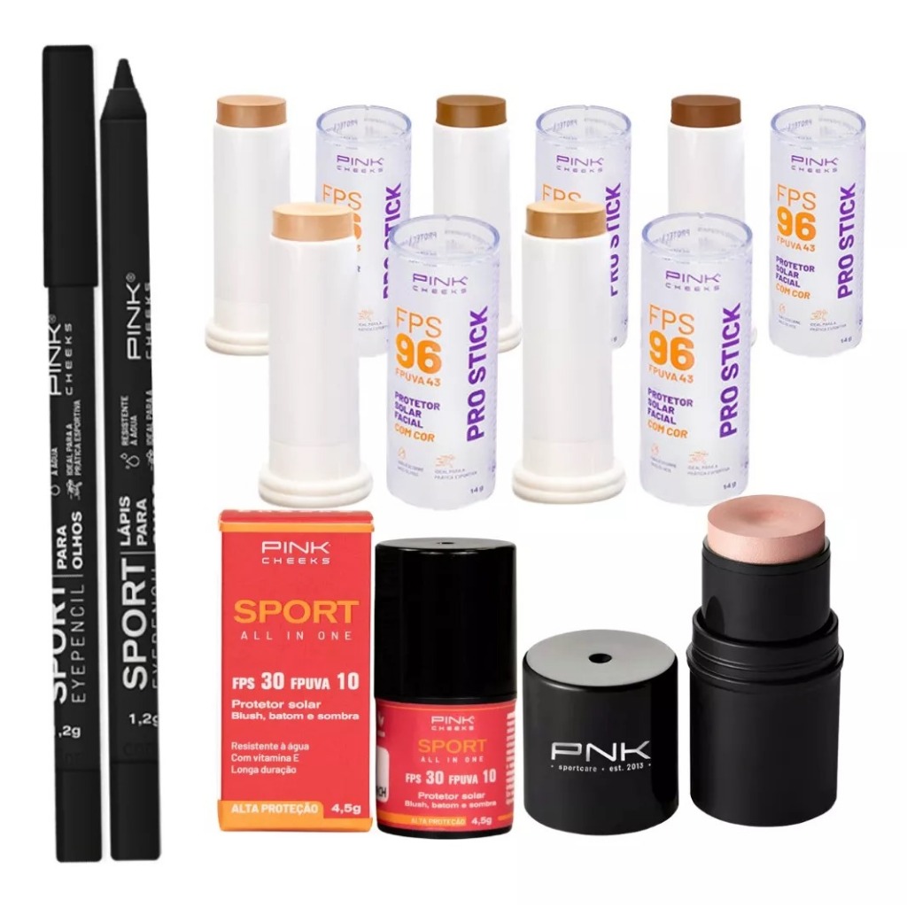 Kit Maquiagem PINK CHEEKS Base + Blush + Lápis + Iluminador PINK CHEEKS Original em Oferta na Shopee