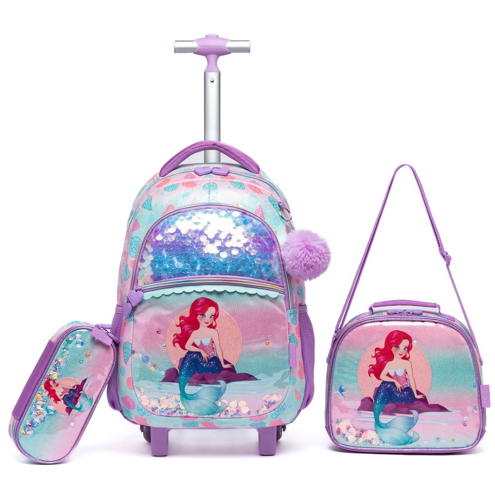 Kit Mochila Rodinha Feminina Sereia Desenho Moderna Juvenil Escolar Lancheira Térmica Esto...