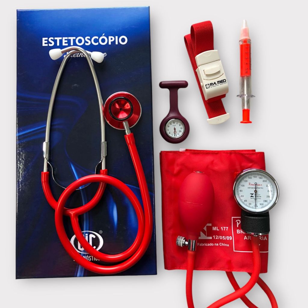 Kit de enfermagem bronze vermelho para estágio estetoscópio esfigmomanômetro relogio garrote caneta