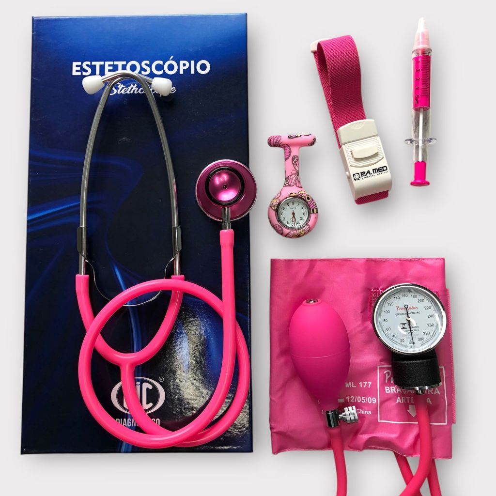 Kit de enfermagem bronze rosa para estágio estetoscópio + esfigmomanômetro, relogio, garrote caneta