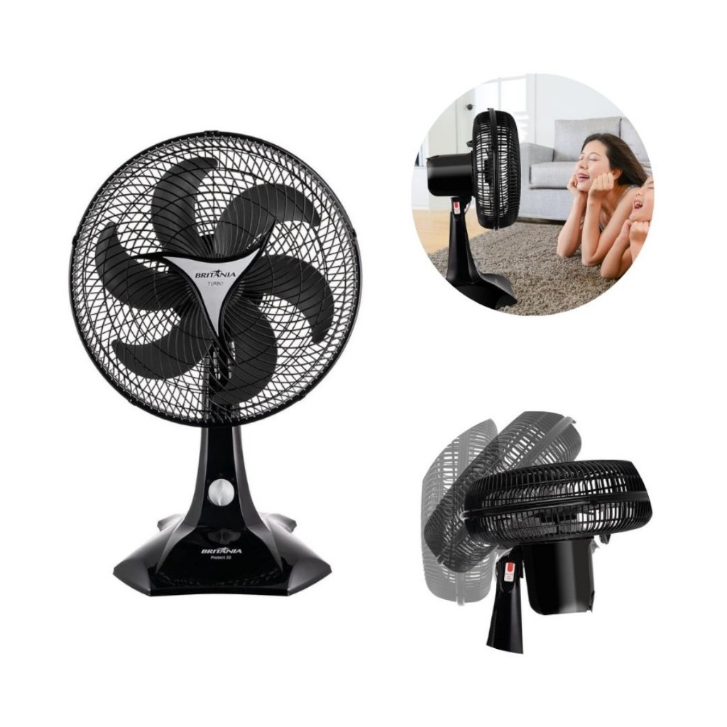 Ventilador Britânia Protect 30 Preto 3 velocidades Hélice de 6 pás 55W de Mesa e Montagem na Parede