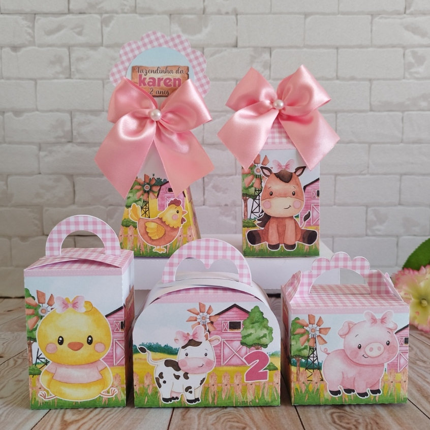 PEGUE E MONTE - Kit Festa Personalizados FAZENDINHA ROSA - Lembrancinhas de Aniversário - Caixinhas Personalizadas.