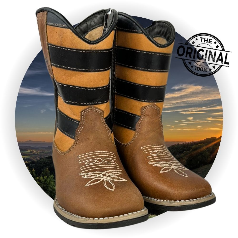 Bota De Cowboy Texana Country Infantil E Juvenil Marrom Claro Bico Quadrado Tradicional Cano Médio Com Estampa Bordada