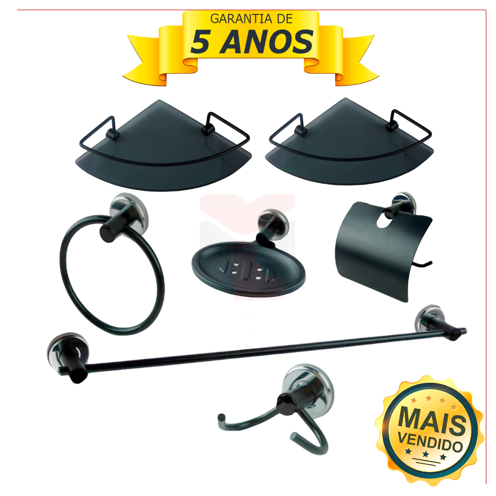 Kit Acessórios P/ Banheiro Aço Inox + 2 Porta Shampoo Vidro Canto PRETO FOSCO Cdg. 7810
