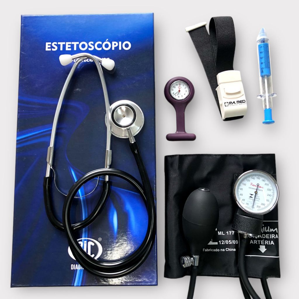 Kit de enfermagem bronze preto para estágio estetoscópio + esfigmomanômetro, relogio, garrote caneta