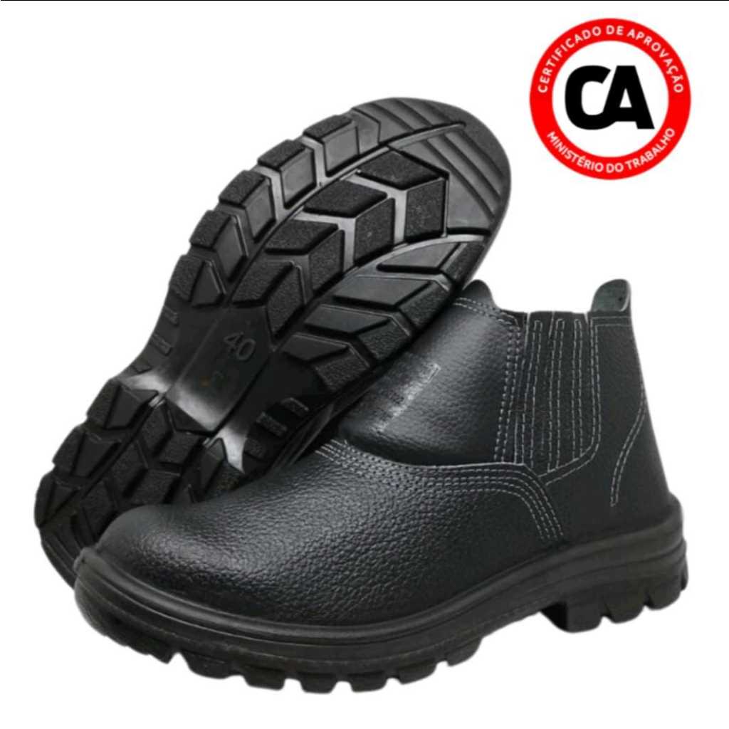 Butina em couro legitimo unisex segurança elastico com biqueira cano medio CA