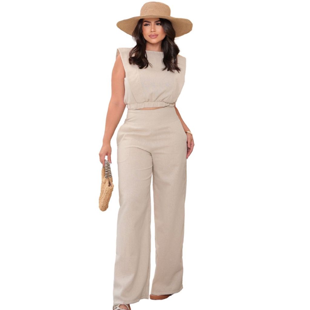 Conjunto Feminino em Linho Blusa e Calça Alfaiataria