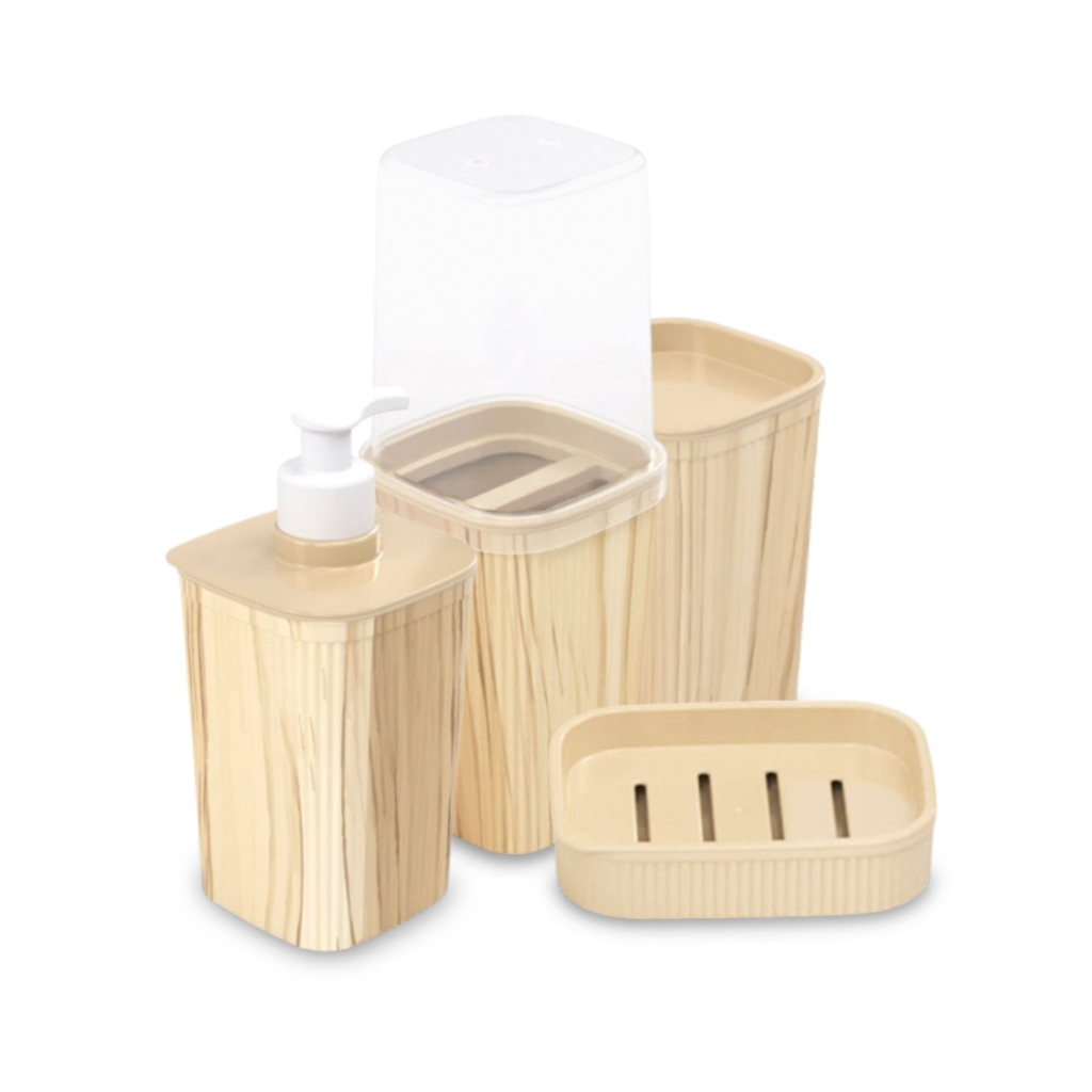 Kit Banheiro Jogo Utensílios Classic Fosco Madeira Para Banheiro Lavabo 4 Itens Plasutil