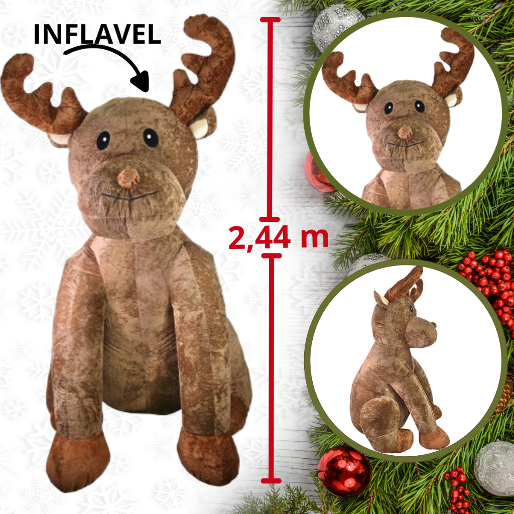 Rena Inflável Grande Sentada de Pelúcia 3led Bivolt Natal 2,44m Enfeites Natalinos