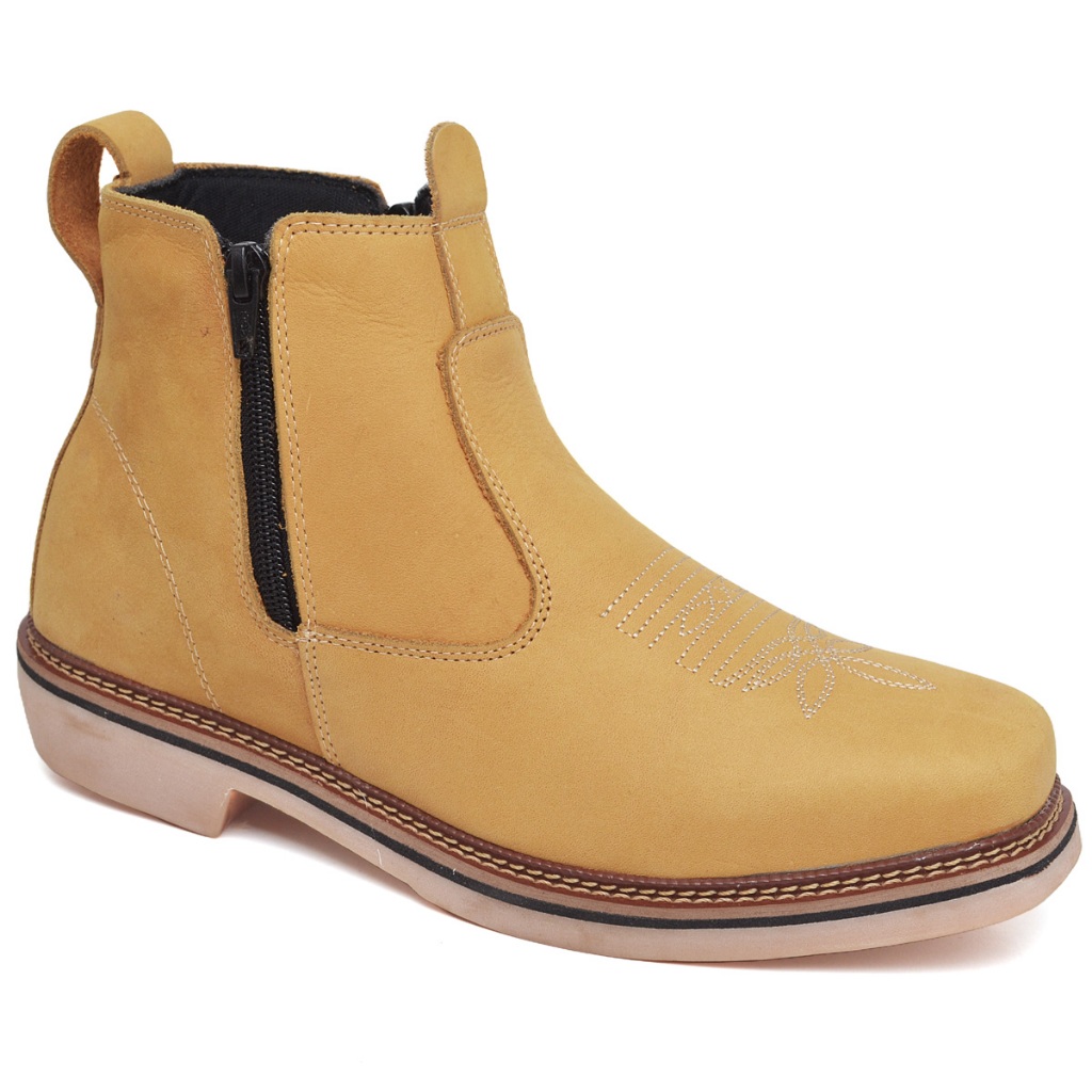 Botina Masculina Country Couro Sola Latex Palmilha Pu Gel Salto Carrapeta Sola Amarela Confort