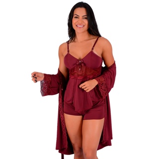 Kit Robe Kimono mais Short Doll Baby Doll Feminino Microfibra e Renda | 0836.850 em Oferta na Shopee