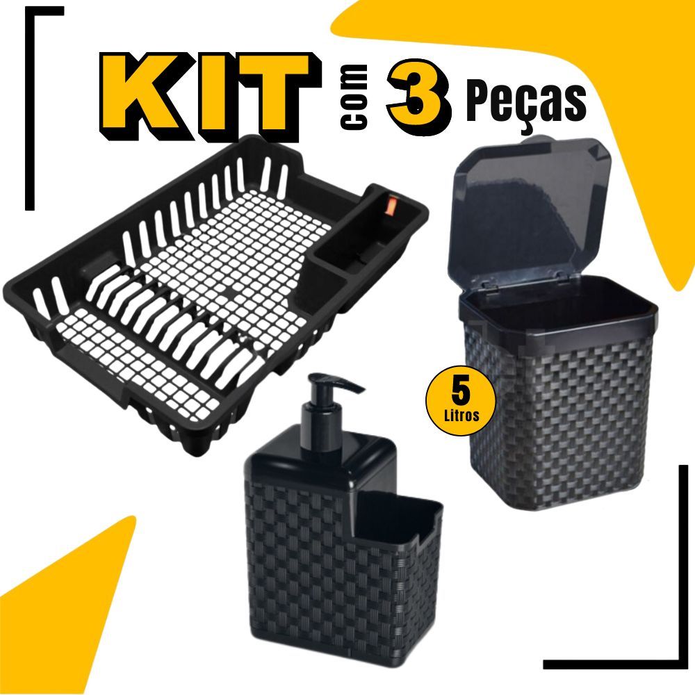 Kit Lixeira 5 Litros + Porta Detergente + Escorredor Louça