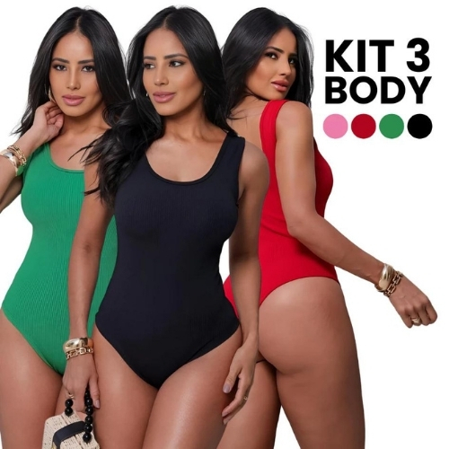 Kit 3 Body Feminino Tecido Anarruga Regata Básica Costas Nua