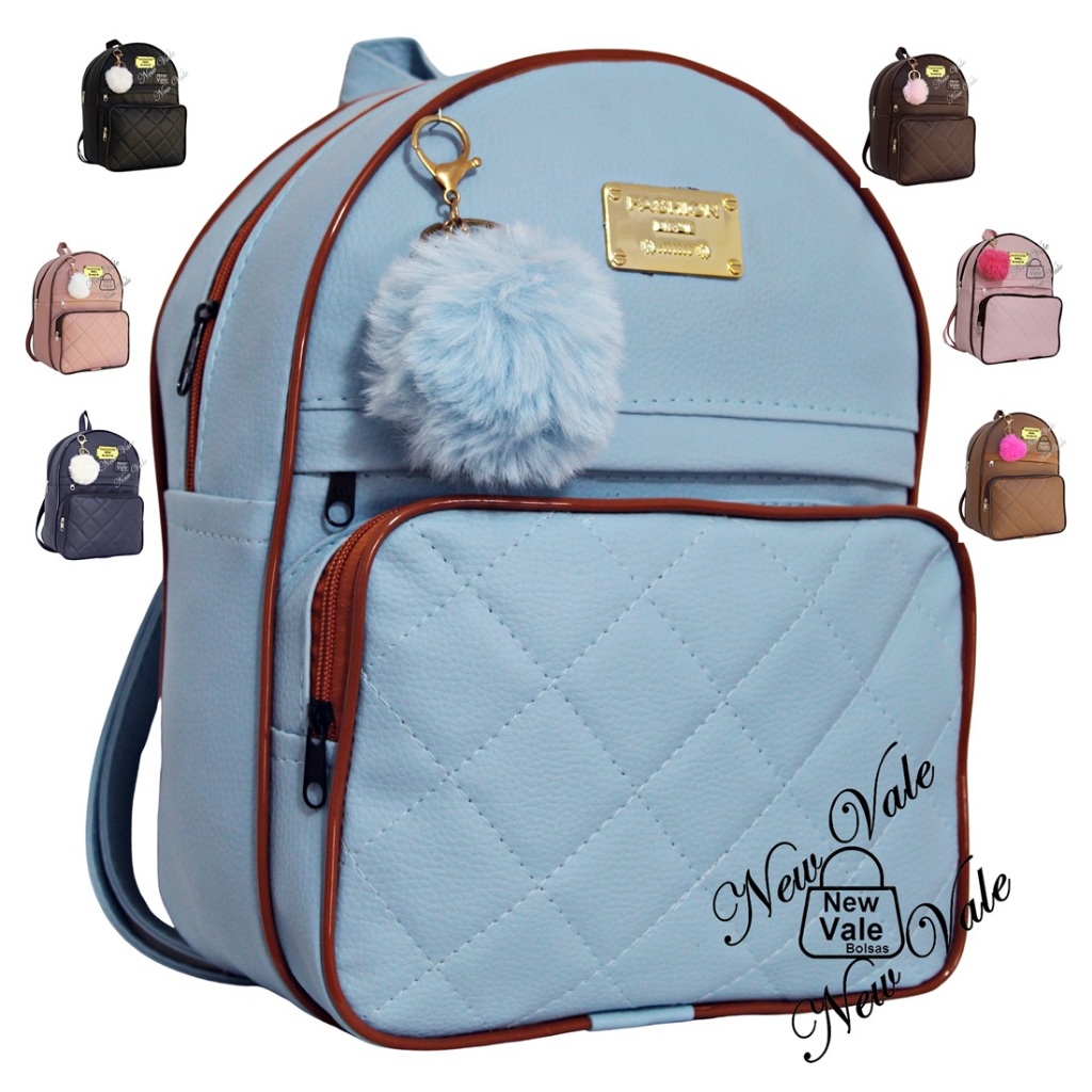 Mochila Feminina Bolsa Mochilinha 3 Repartições Alça Reforçada Escolar Trabalho + Chaveiro Pompom.