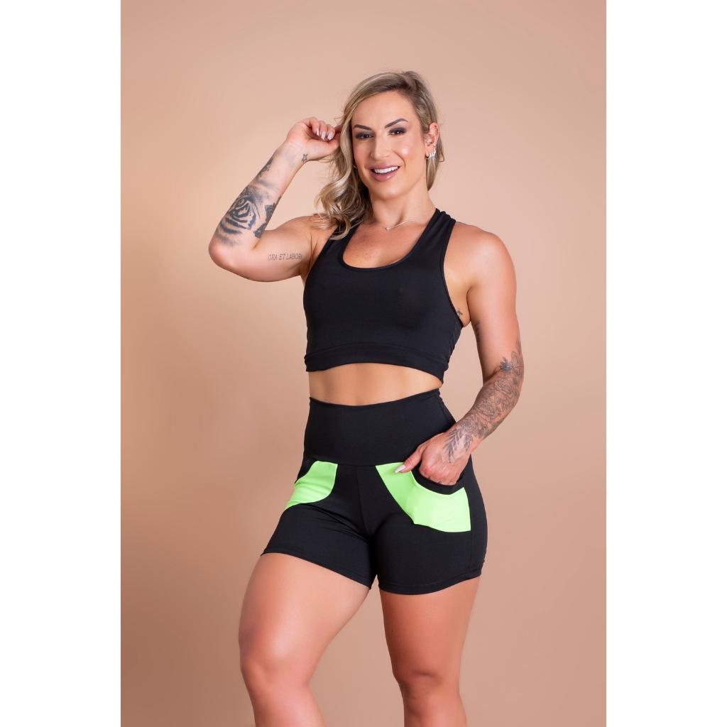 Conjunto Short Fitness Feminino Cintura Alta Com Bolso e Top Nadador Liso Academia Treino F7 NEW STYLE