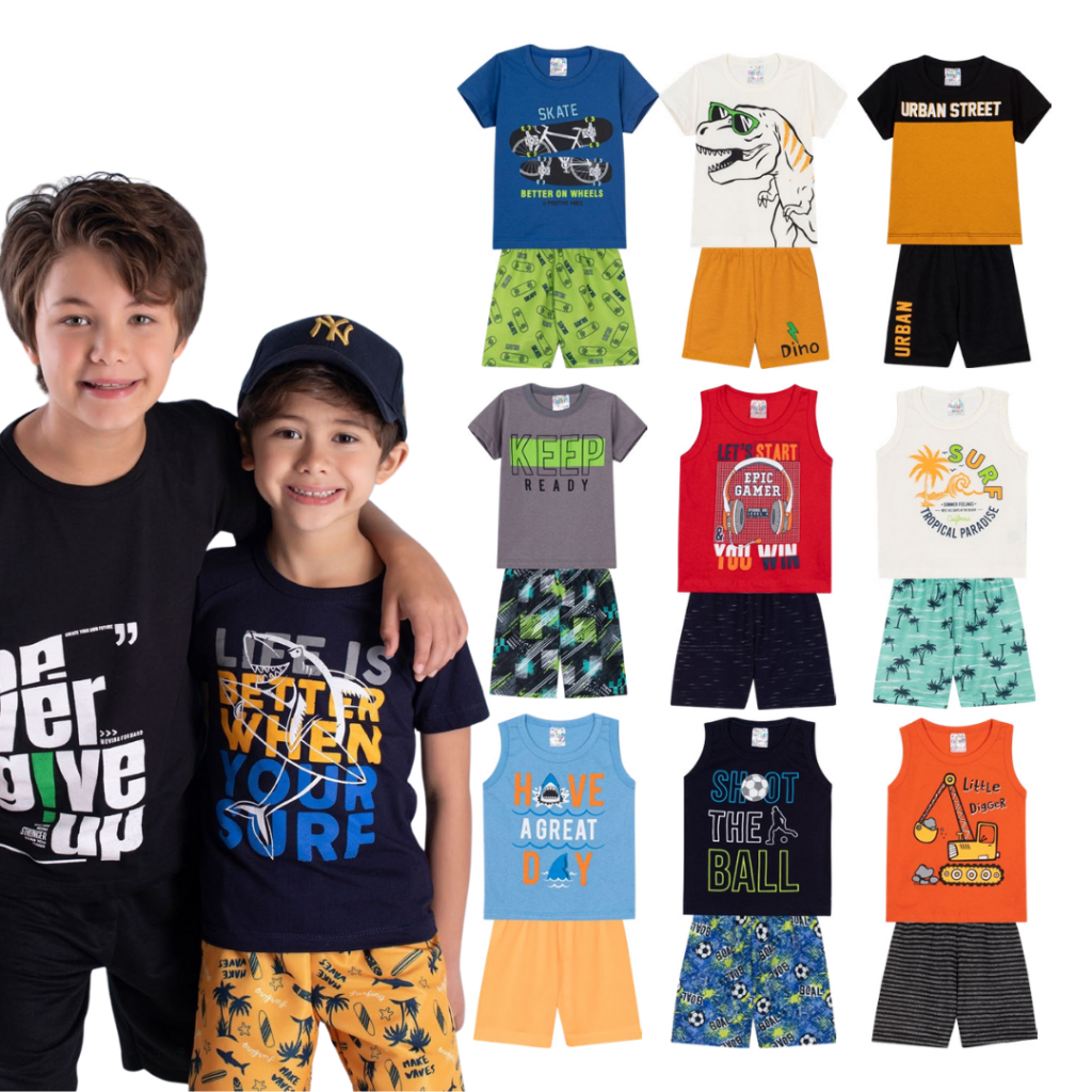Kit Sortido 10 Peças de Roupas Infantil Menino 5 Camisetas + 5 Bermudas Coloridos Estampados