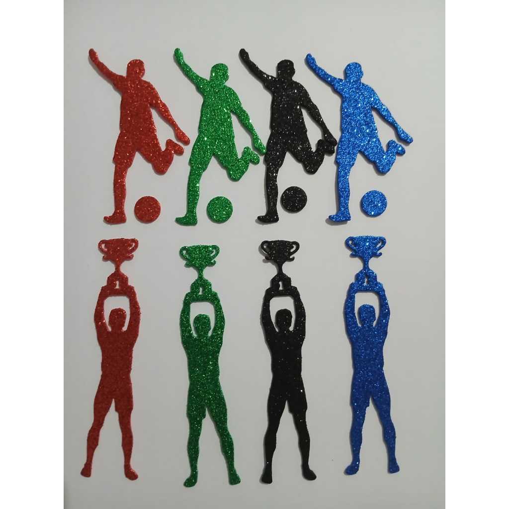Aplique Jogador de Futebol Eva Glitter (emborrachado com brilho) Taça e Bola Ideal para Bolo Fake 15 e 30 Unidades