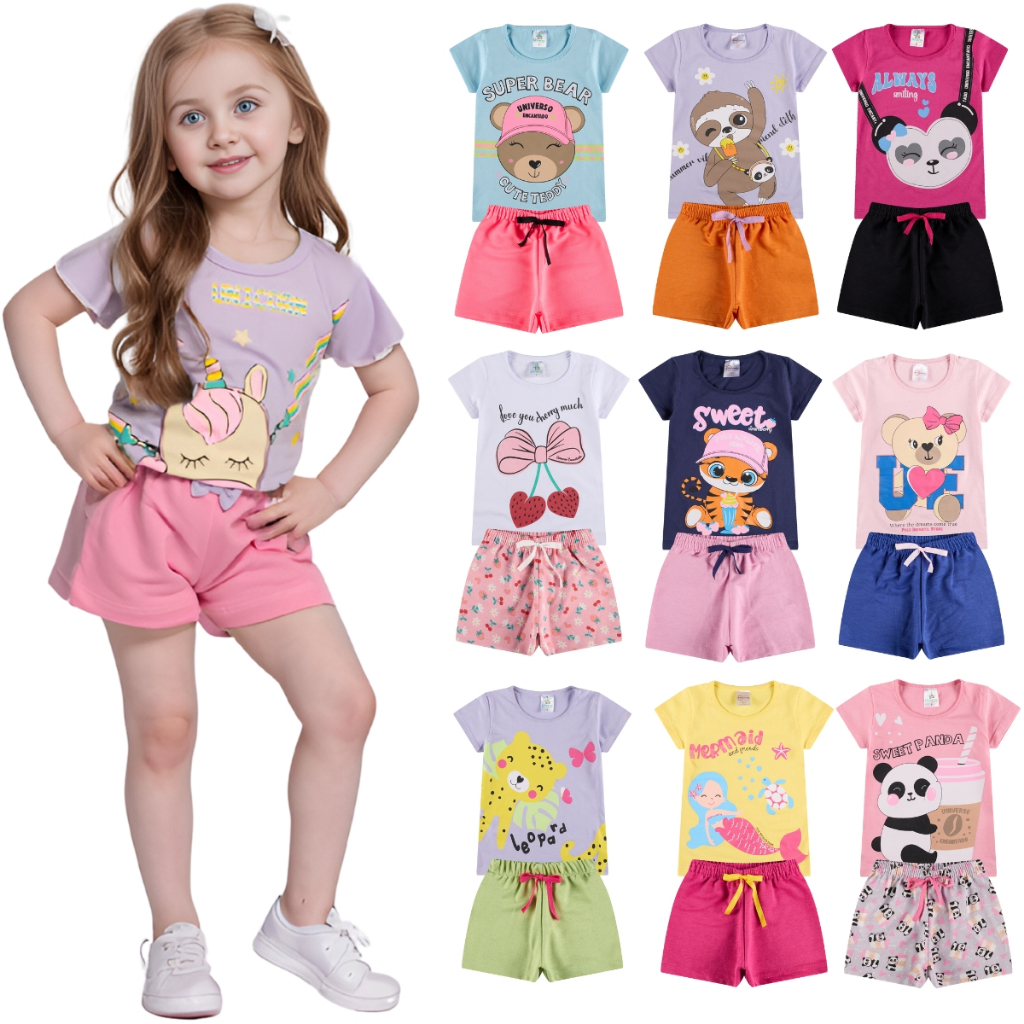 Kit Sortido 10 Peças de Roupas Infantil Menina - 5 Camisetas + 5 Bermudas - Kit com 5 Conjuntos de Roupa Infantil Menina Verão Feminino Bebê