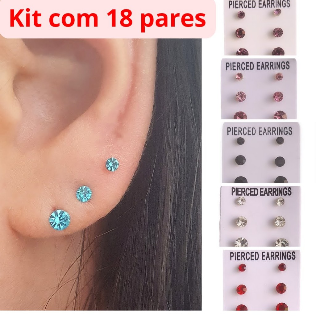Kit com 18 pares de brincos trio com várias cores em Oferta na Shopee