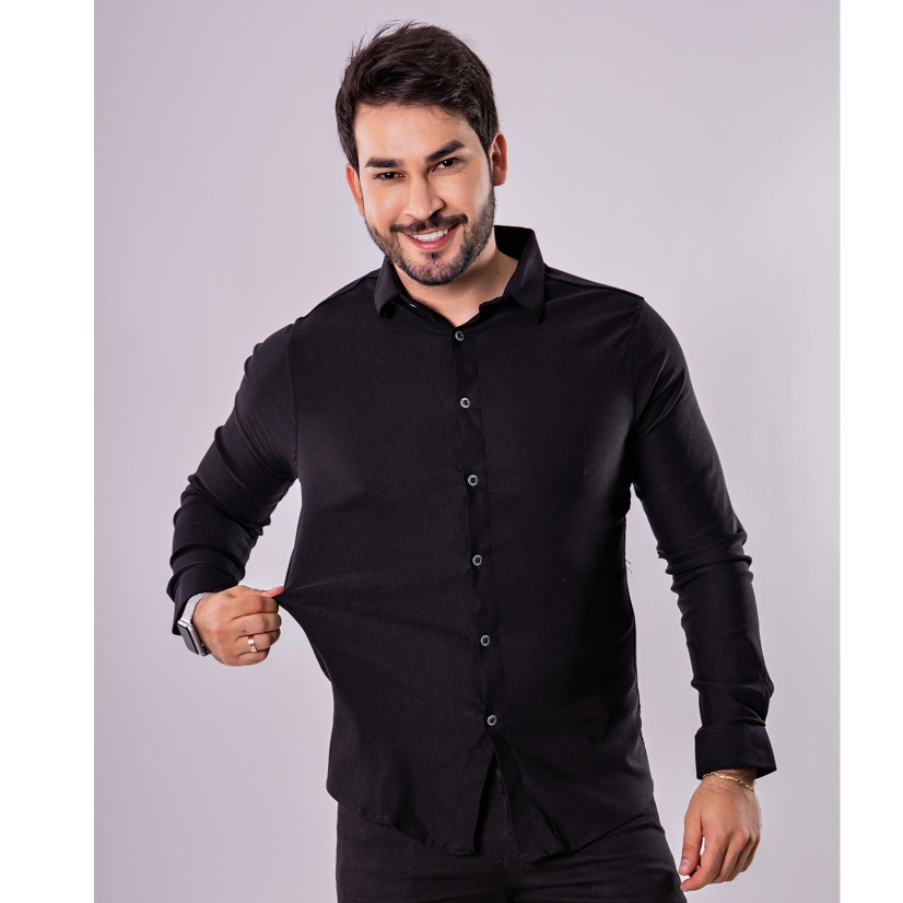 Camisa Jeans Masculino Slim Manga Longa Social Com Elastano