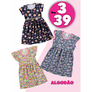 Kit C/ 3 Vestidos Infantil Juvenil de Algodão Estampados - Roupa de Menina em Oferta na Shopee