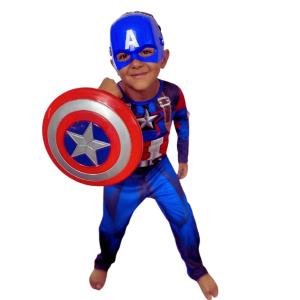 Fantasia Infantil Capitão América Longa Com Enchimento, escudo e Máscara de Plástico filme vingadores IDENTICA