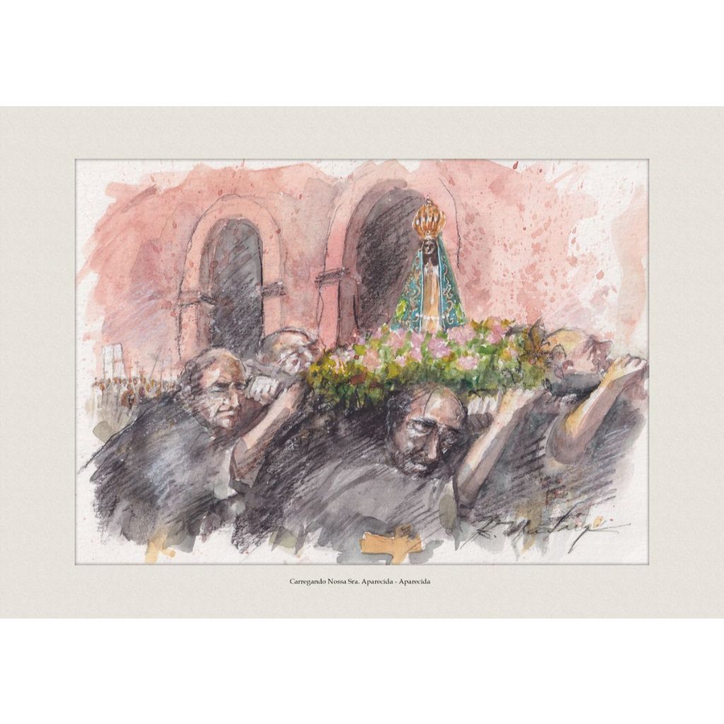 Pintura em Aquarela Carregando Nossa Sra. Aparecida - Aparecida | Quadro Decorativo | A4