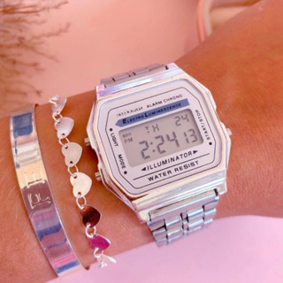 Relógio Retrô Wr Unissex Prata Fundo Branco Preto Digital Led Vintage Feminino em Oferta na Shopee