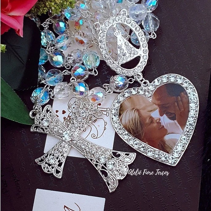 Terço para Noivas em Cristal Preciosa com Foto Personalizada - Banhado a Prata