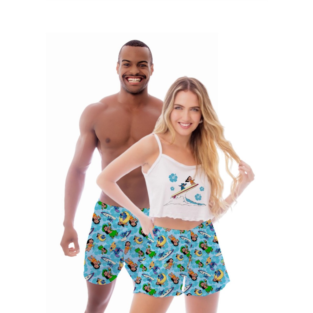 Pijama Casal Lilo e Stitch Surf Suede Ondinha samba canção e pijama alcinha VIRGINIA