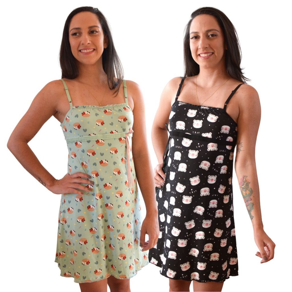 Kit 2 Camisolas Femininas Suede Estampada Regulável Verão Confortável Pijama Roupas Dormir Estilo