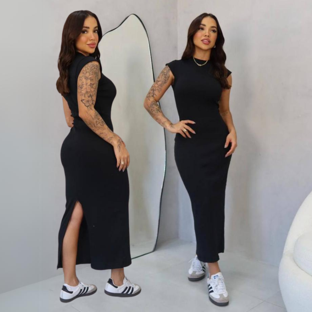 Vestido Feminino Com Gola Midi Tubinho Anarruga Com Fenda Traseira Justo Manguinha Curta Gringa em Oferta na Shopee