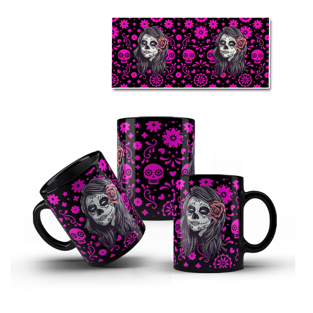 Caneca Preta Decorativa Porcelana Caveira Mexicana Cultura Girl Chica - Mol.02 + Caixinha