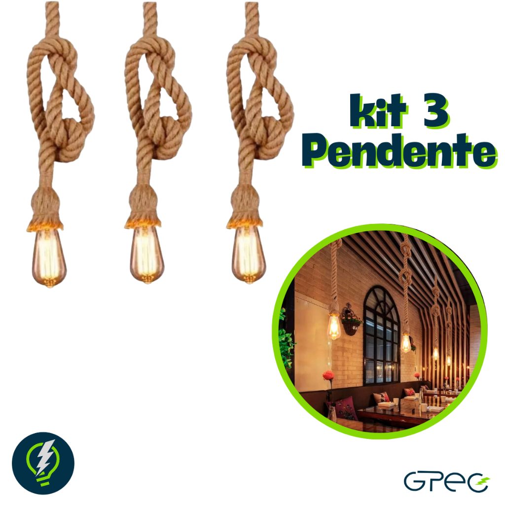 Kit 3 Pendente  Luminária Vintage Corda Retro Rústico Soquete Bocal E27 Canopla De Metal Para Teto em Oferta na Shopee