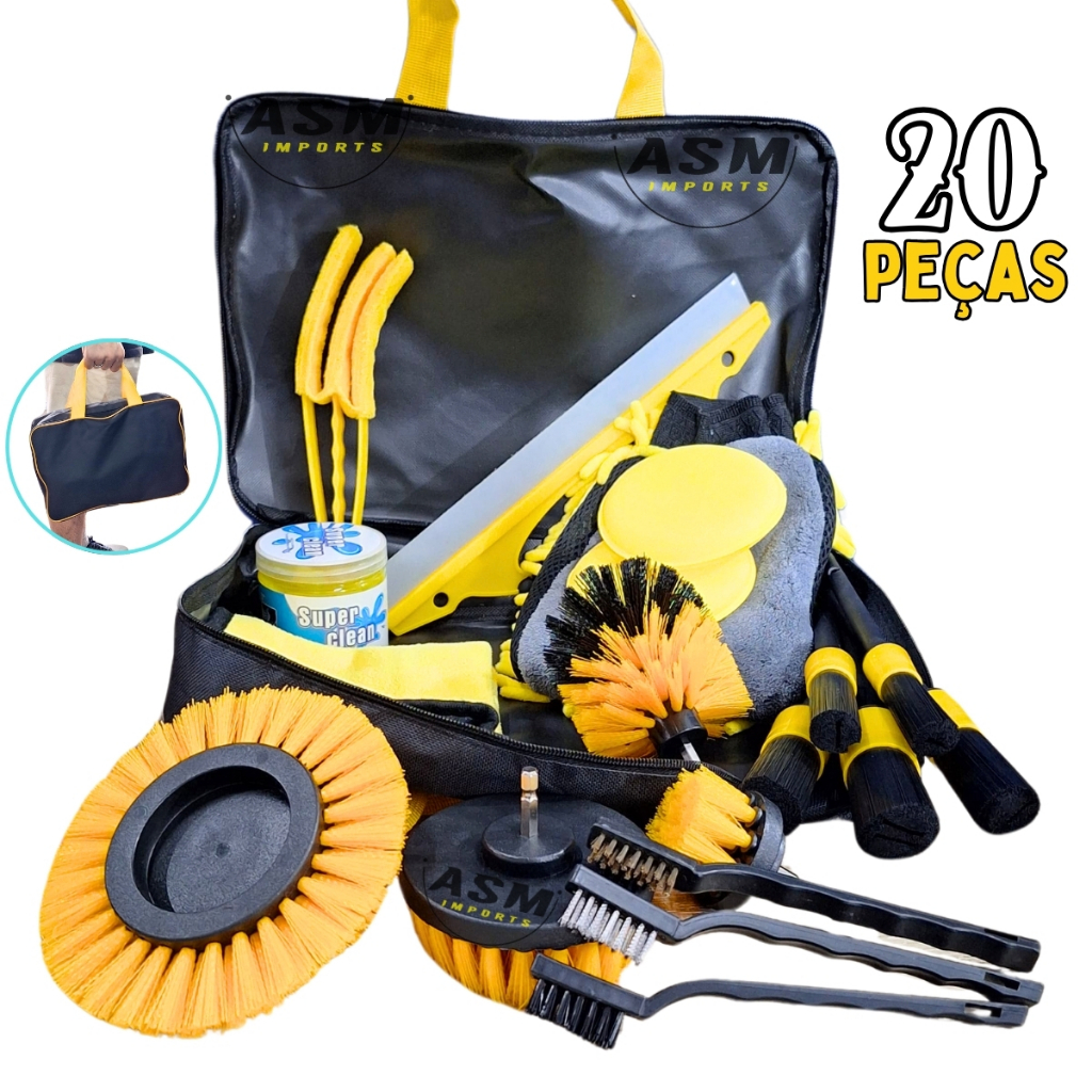 Limpeza Automotiva 20pçs para Lavagem de Carro Conjunto Completo com Escovas Pincéis Luva Rodo Esponjas Aplicador top em Oferta na Shopee