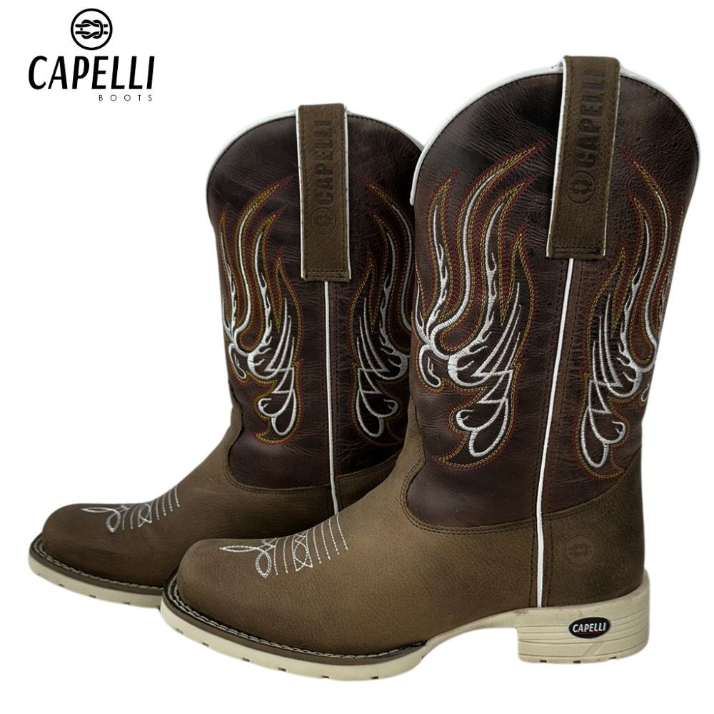 Bota Texana Masculina Capelli Boots Bico Quadrado Cano Bordado Couro Legítimo