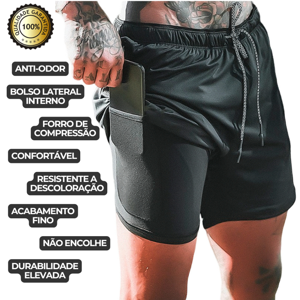 Bermuda Masculina 2 em 1 Academia Treino Térmica com Compressão e Bolso Interno